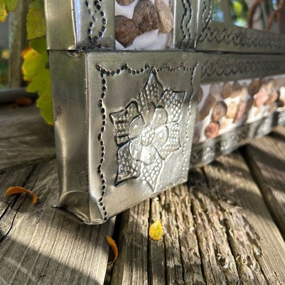 Mexican Tin Mirror Handcrafted - Rocks & Flowers  29" x 25" - Picture 4 of 16